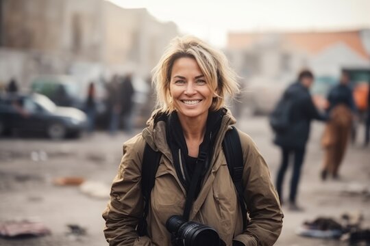 Portrait of happy mature woman with camera in city street, smiling.