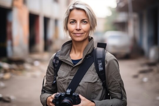 Portrait of a beautiful woman photographer with camera in the city.