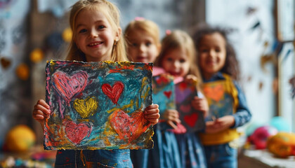 Cute siblings children holding heart drawing. Children's creativity drawings and crafts for Valentines Day or Mother's Day or Father's Day. front View.