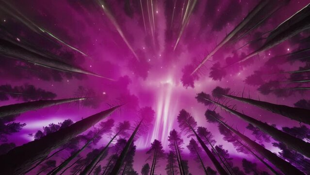 Looking up through a forest to a 3D animated aurora and starry sky.