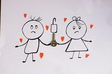 dibujo de una pareja abriendo el candado de su amor  con una llave.