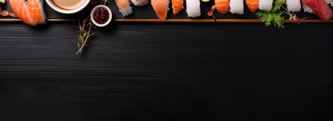 Fotobehang top view sushi on wooden table with copy space banner © Shiina shiro111