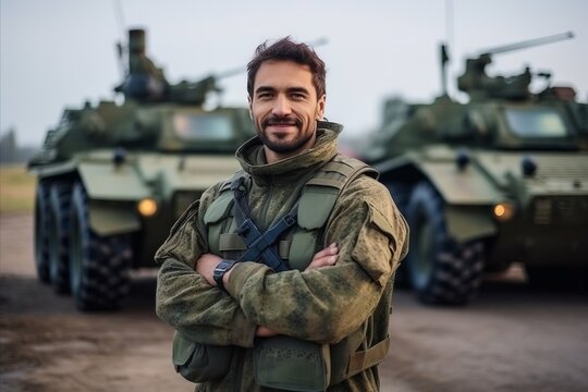 Portrait of handsome soldier standing with arms crossed in front of military equipment