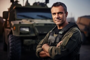 Portrait of mature soldier standing with arms crossed in front of military vehicle