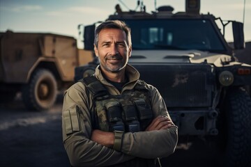 Fototapeta na wymiar Portrait of confident mature soldier standing with arms crossed in front of truck