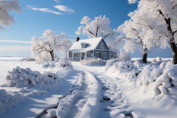 completely snowy rural house
