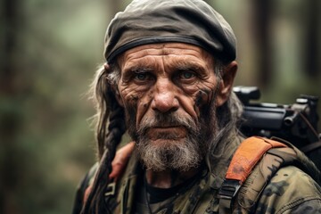 Portrait of an old man with a gray beard and mustache in the forest.