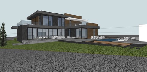 3D model of a modern house. 3D House on a white background. Modern architecture. Home design.