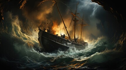 Obraz premium scene of the boat being pulled into powerful ocean currents by the raging storm