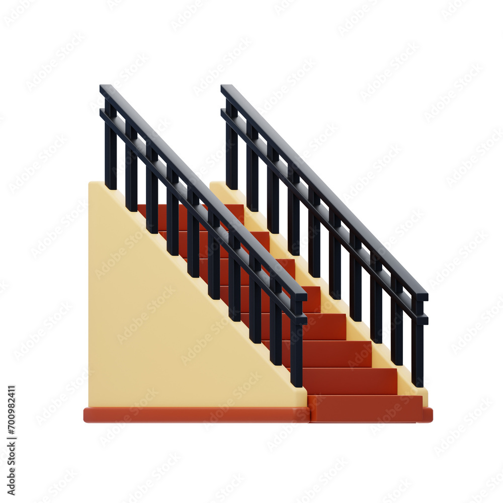 Poster staircase model with thoughtful design elements and elegant orange and black combination. 3d illustr