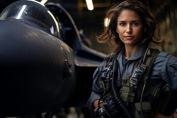Portrait of a beautiful young female soldier standing in front of a military aircraft