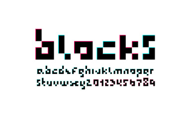 Pixel font, alphabet made in square style, geometric letters and numbers, vector illustration 10eps