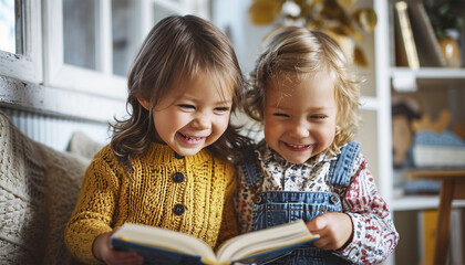 Happy family two siblings or friends read book relax embrace cute little children daughters, smiling tell small kids funny fairy tale story sit on sofa having fun together at home. Two kids reading 