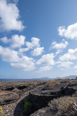 Fototapeta na wymiar Desert landscape with ocean in the background outside Los Jameos del Agua. Sky with big white clouds. Lanzarote, Canary Islands, Spain.