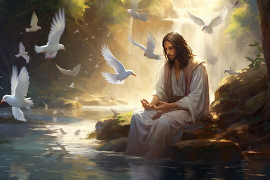 Jesus Christ in paradise, angels, doves, pigeons, Messiah, Savior and Redeemer of humanity from the yoke of sin. God the Son in the Holy Trinity, Blessed Virgin Mary, religion spirituality.