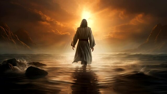The figure of Jesus walks on water on a sunny background.	