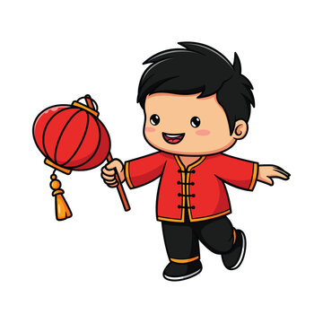 cartoon boy celebrating Chinese New Year by holding a lantern