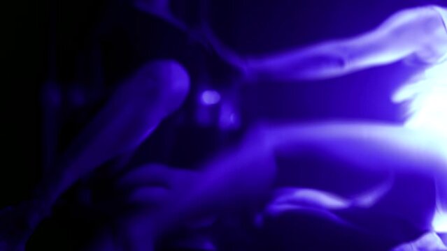 sexy ladies strippers moving slowly and sensually in darkness, amazing laser rays on female bodies