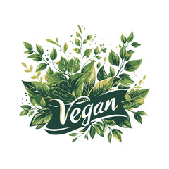 VEGAN logo with green branchs and leaves  - obrazy, fototapety, plakaty