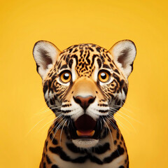 Jaguar looking surprised, reacting amazed, impressed, standing over yellow background