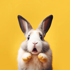 Rabbit looking surprised, reacting amazed, impressed, standing over yellow background - obrazy, fototapety, plakaty