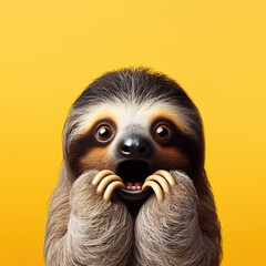 Three-toed sloth looking surprised, reacting amazed, impressed, standing over yellow background - obrazy, fototapety, plakaty