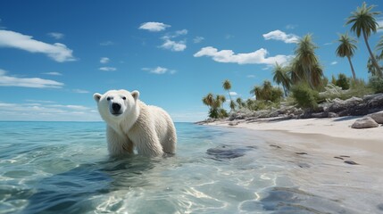 Naklejka premium Polar Bear Facing Climate Change: From Icy Habitat to Tropical Environment Due to Global Warming
