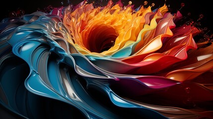 A vibrant abstract painting featuring swirling waves of bright paint droplets, creating a dynamic and vivid artistic composition with a burst of colors.