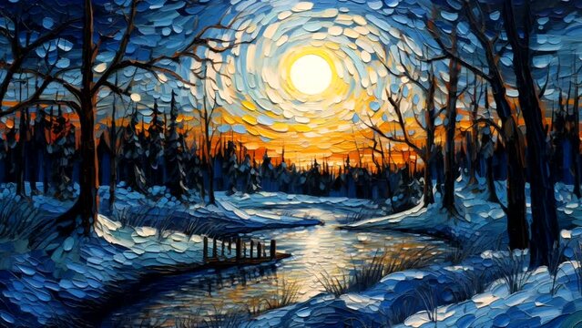 An animated painted picture showing a winter landscape. . Generative AI. Loop video.