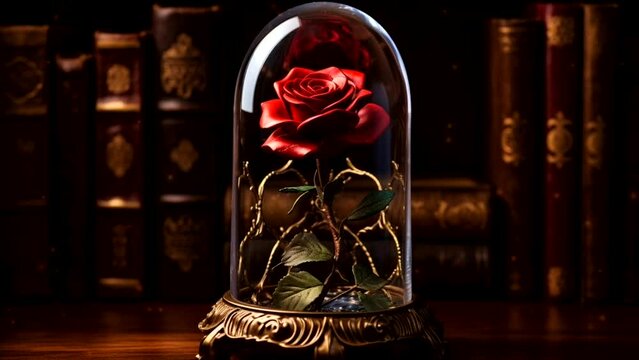 A red rose closed under a glass dome. Symbol of love. Generative AI. Loop video.