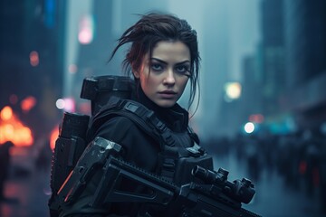 Shot of a futuristic woman holding a machine gun in the city. - obrazy, fototapety, plakaty