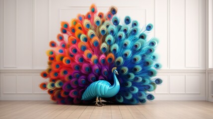 3D-rendered balloons arranged in the shape of a graceful peacock, showcasing its vibrant plumage against a clean white floor.