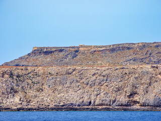 View towards the Venetian Fort Ruins, Imeri Gramvousa, Chania Region, Crete, Greece