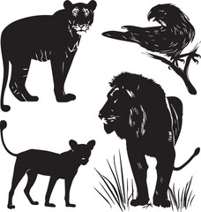 Black Silhouette of Animals on white background 