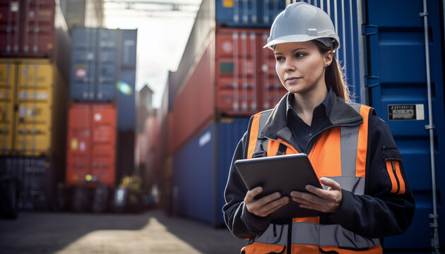 Female dock worker, harbor worker, port worker. Female employee at the logistics center. Warehouse clerk, Storekeeper, Warehouse assistant. Port Container storage outdoor area. Copy Space, Sunset