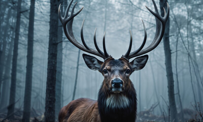 portrait deer in the forest with smoke