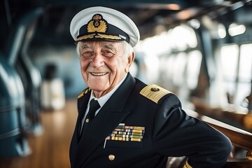 Portrait of a happy senior pilot on board of a cruise ship