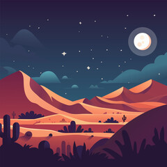 Vector illustration of the desert at night with a clear, starry sky, highlighting the beauty of the night in the arid landscape