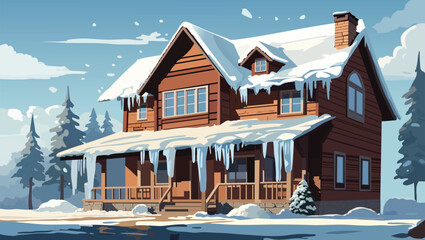 Icicles hanging from the eaves of a rustic house