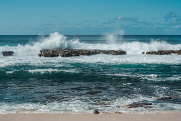 Three Tables / Kalahopele Gulch, Pupukea, North Shore, Oahu North Shore, Hawaii. Waves hitting the rocks

