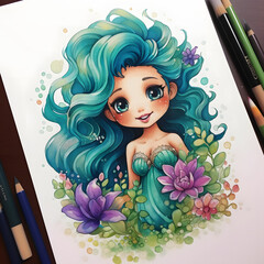 Watercolor painting of a green hair mermaid girl.