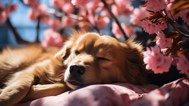Peaceful dog sleeps among blooming pink flowers bathed in sunlight.