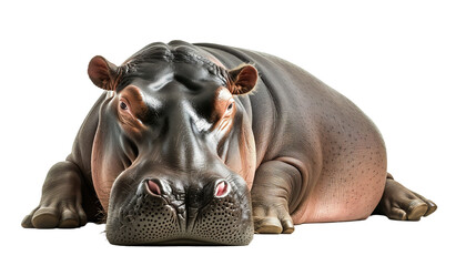 A hippopotamus lying on the ground isolated on a white background