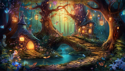 Fototapeta premium Enchanted fantasy woodland scene illustration