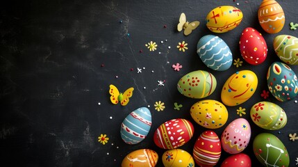 Happy Easter decoration background , colorful Easter eggs over black background. Easter day