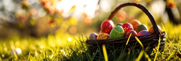 Basket with Easter eggs in the grass on a sunny spring day. Happy Easter day