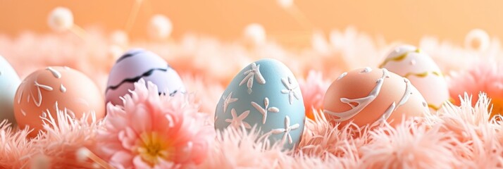Happy Easter decoration background, Easter eggs over pastel peach fuzz background. Easter day