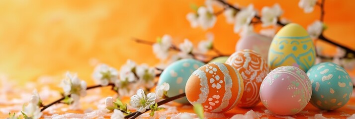 Happy Easter decoration background, Easter eggs over pastel peach fuzz background. Easter day