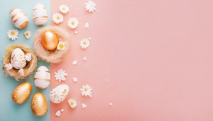Fototapeta na wymiar Easter Eggs Background with Decoration - Colorful Easter Eggs laid in Decorative Manners - Space for Copy 