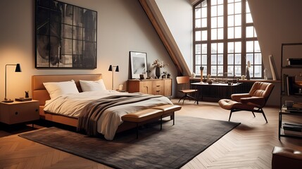 Classic mid-century bedroom in a Copenhagen loft, blending minimalism with warm wood tones and timeless design pieces